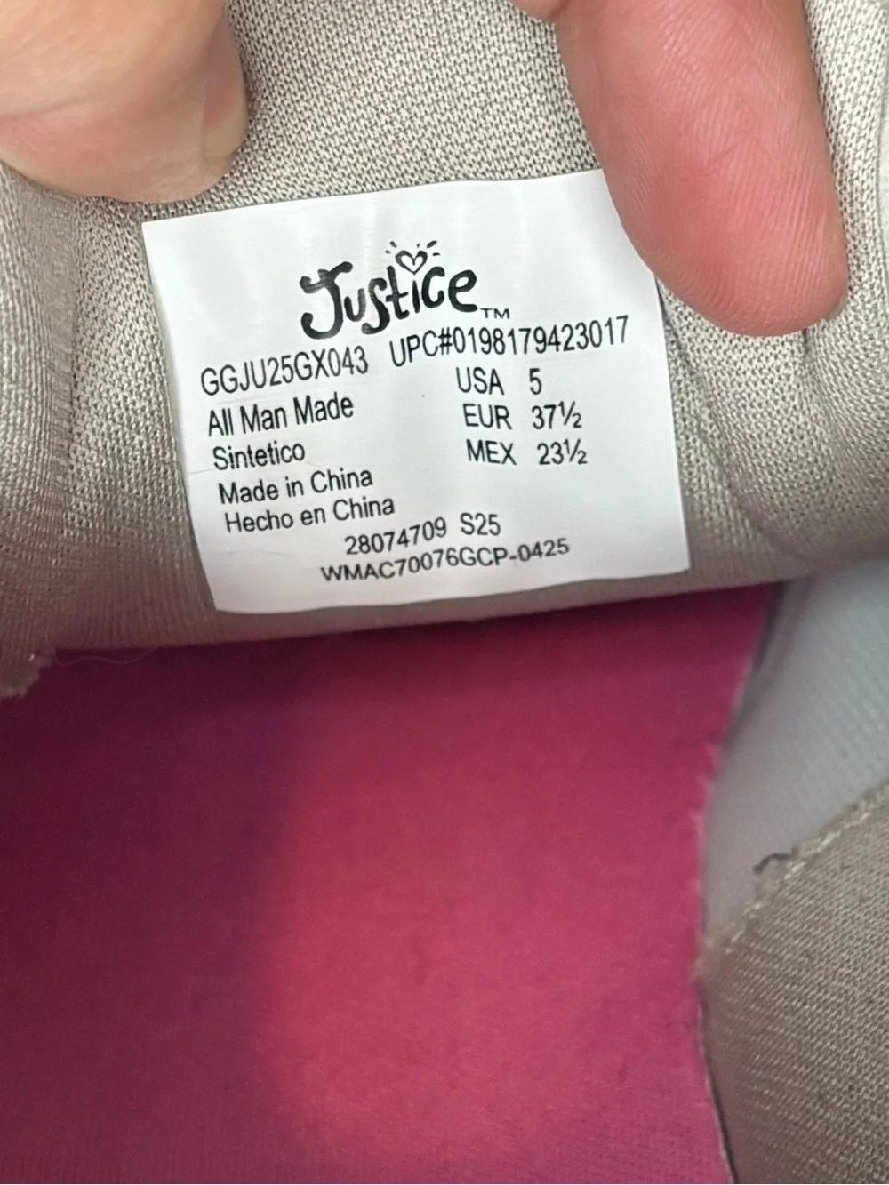 Justice Sport Cream Platform Sneakers with Gum Sole and Pink Accents Size 5